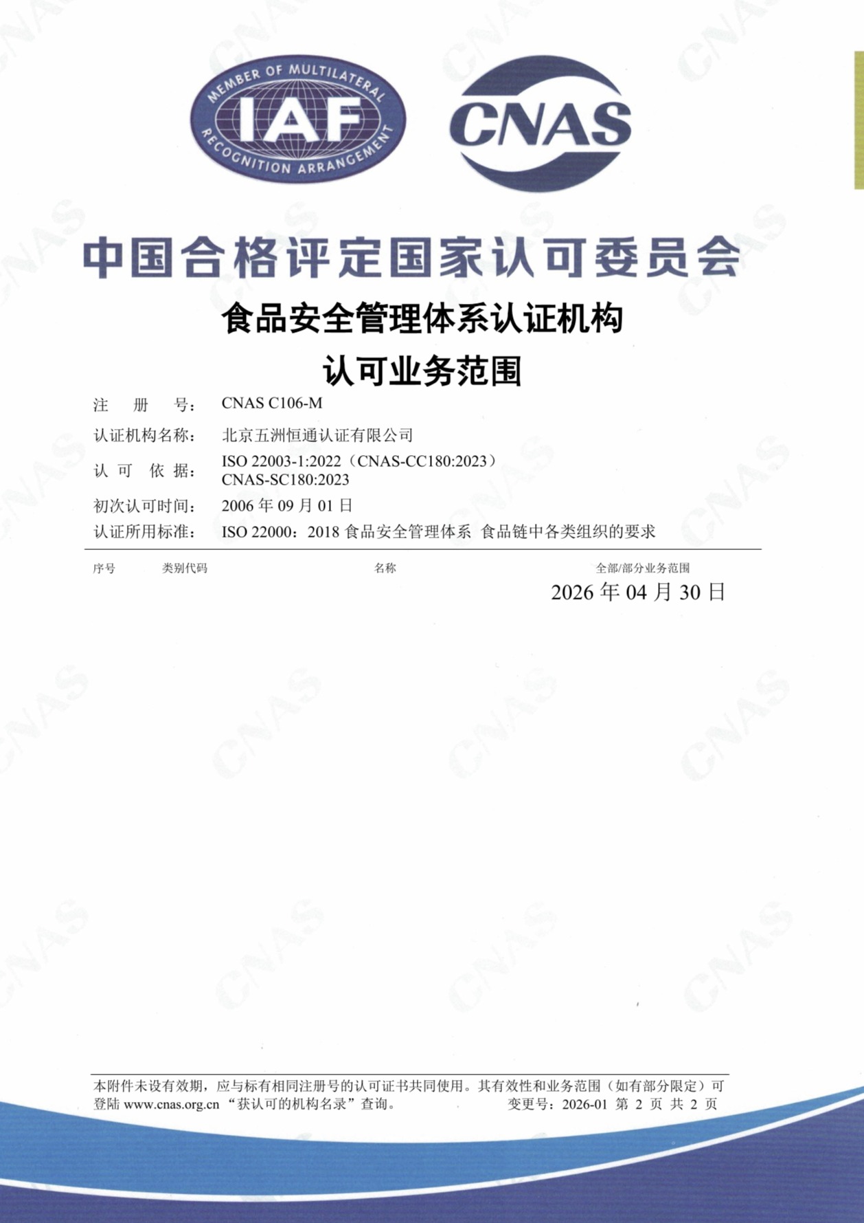 食品安全管理体系认可证书2