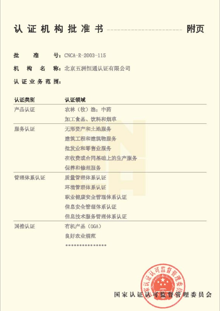 认证机构批准书附件